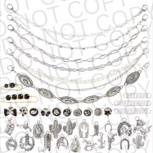 Collection of silver necklaces and pendants on a white background with 'NOT COPY' text.