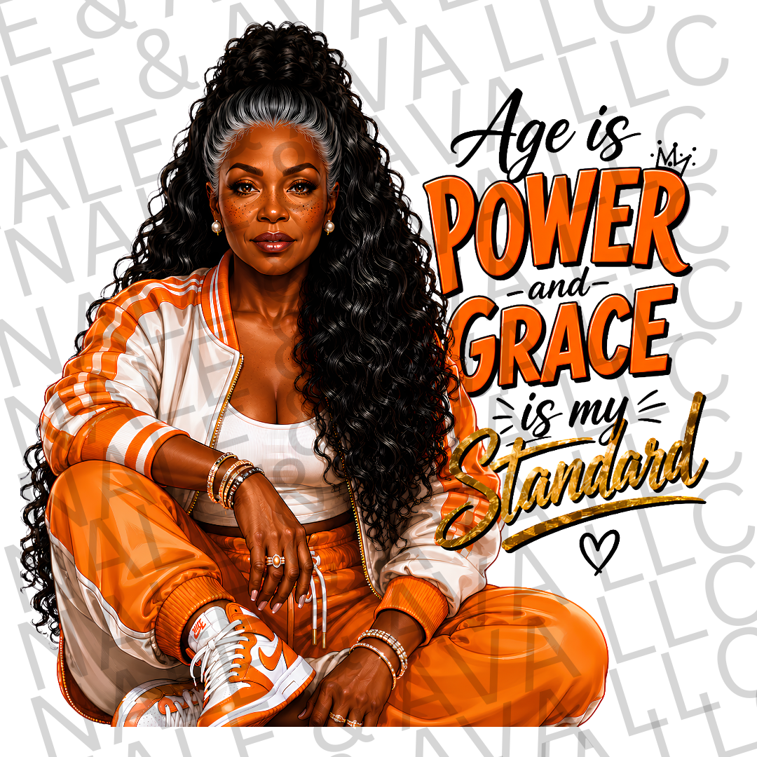 Woman in orange and white outfit with text 'Age is power and grace is my standard' on a patterned background