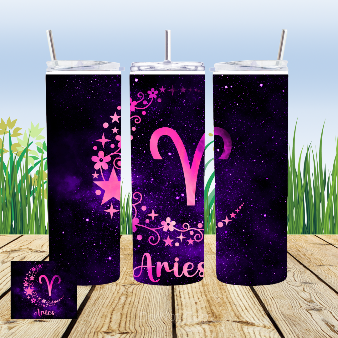 A sublimation transfer for a 20oz straight tumbler featuring pink and purple colors with star and flower designs, and the word 'Aries'.