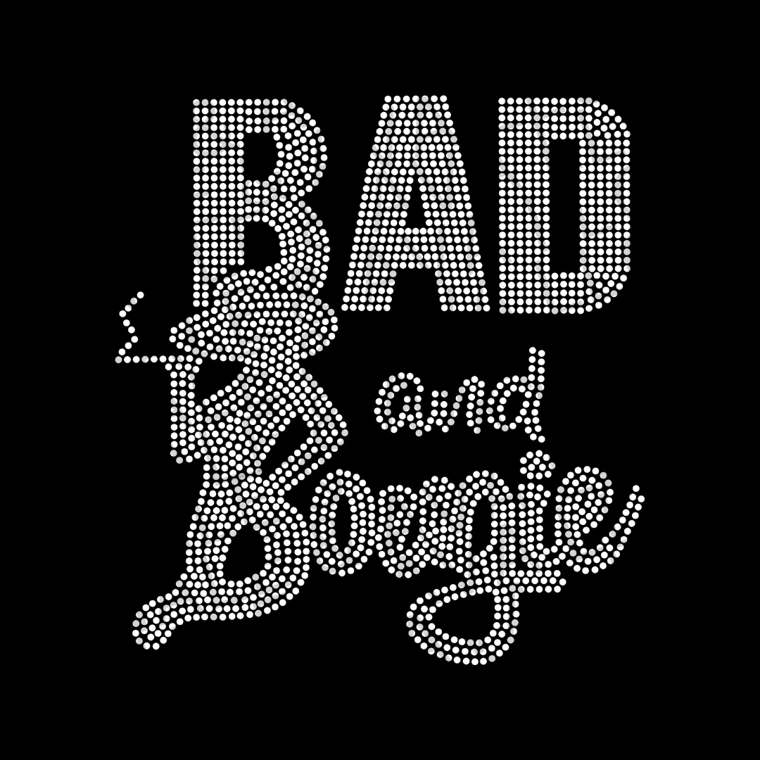 A rhinestone transfer with the words 'BAD' and 'BOUGIE' arranged in a stylized font, predominantly used as a decorative element for fabrics.