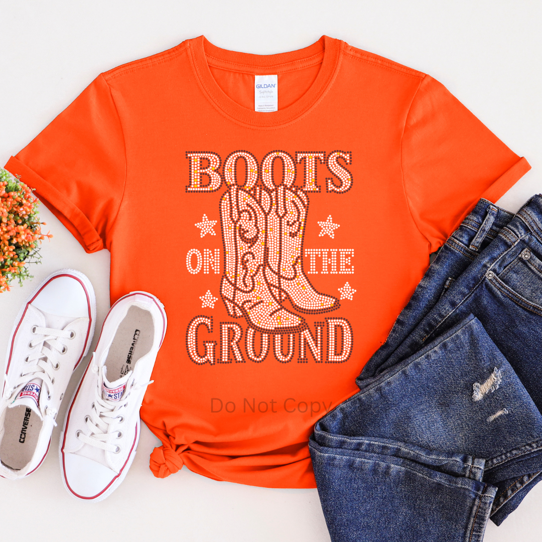 Boots On The Ground Silver Rhinestone Transfer on a tshirt front side
