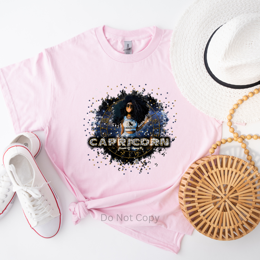 Capricorn Girl DTF Transfer on a tshirt