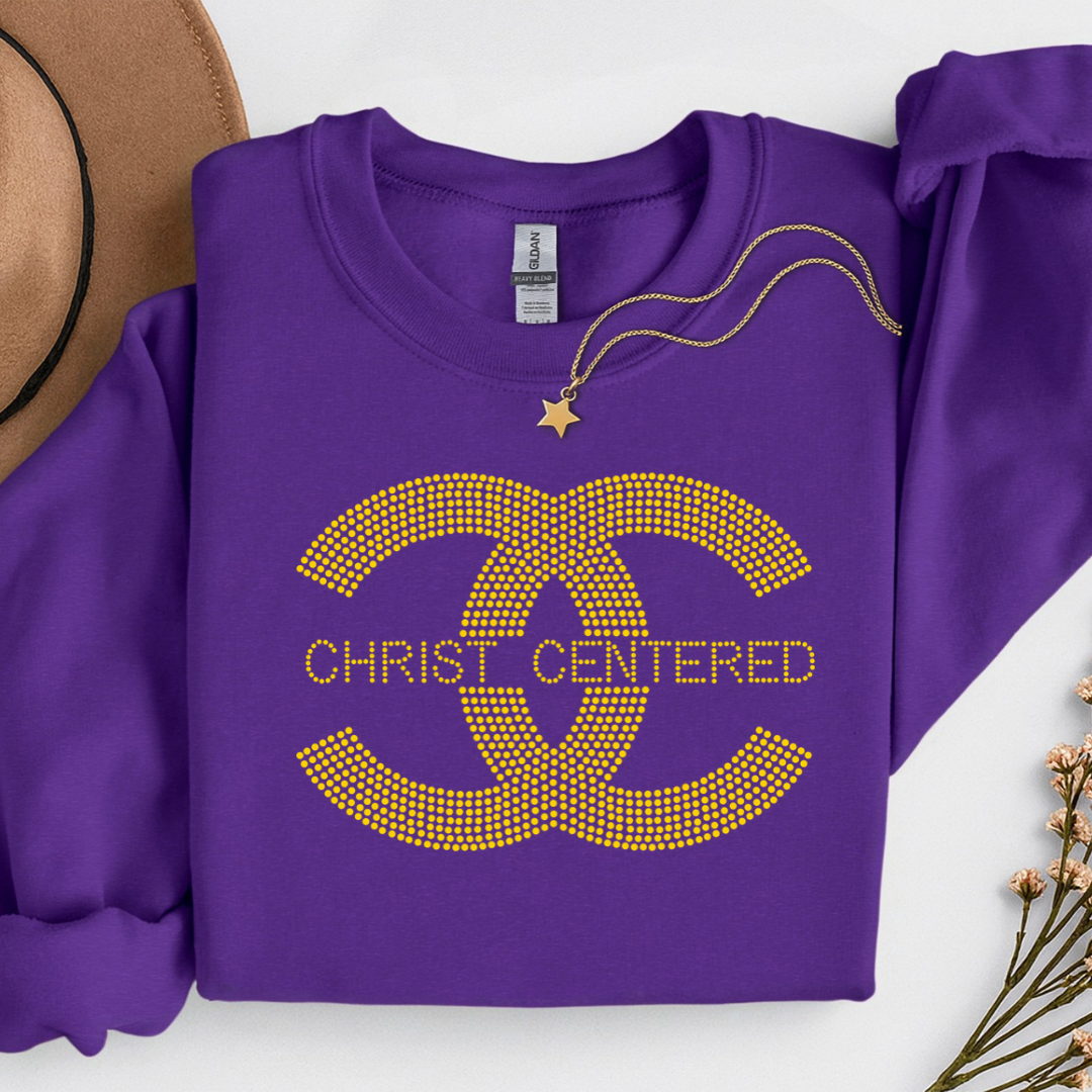 Christ Centered Rhinestone Transfer on a purple shirt.