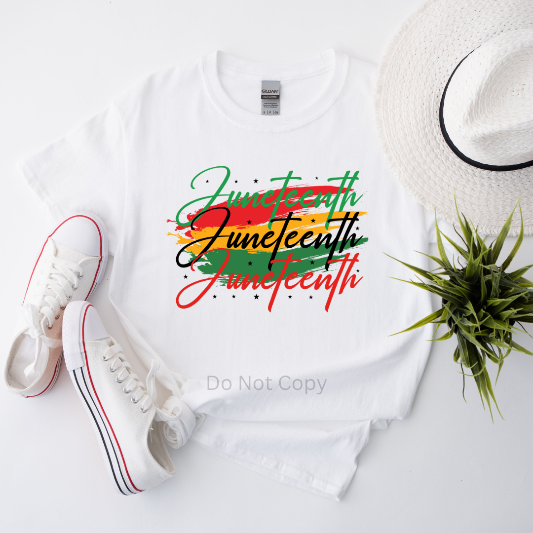 Juneteenth Writing DTF (direct to film) print on a tshirt
