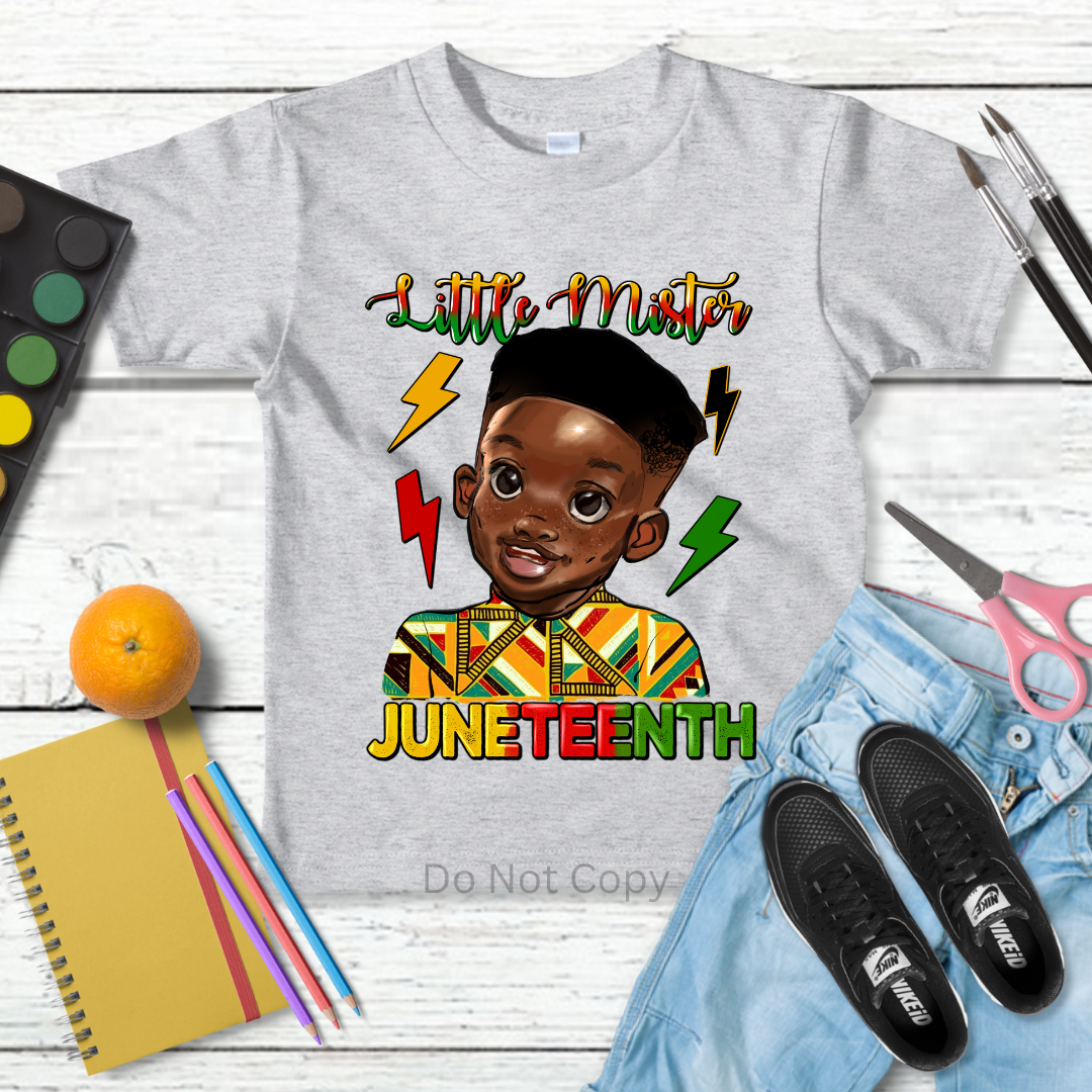 Little Mister Juneteenth DTF (direct to film) print on a tshirt