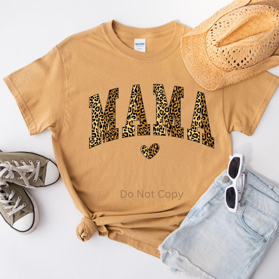 Mama Leopard Heart DTF (direct to film) print on a tshirt