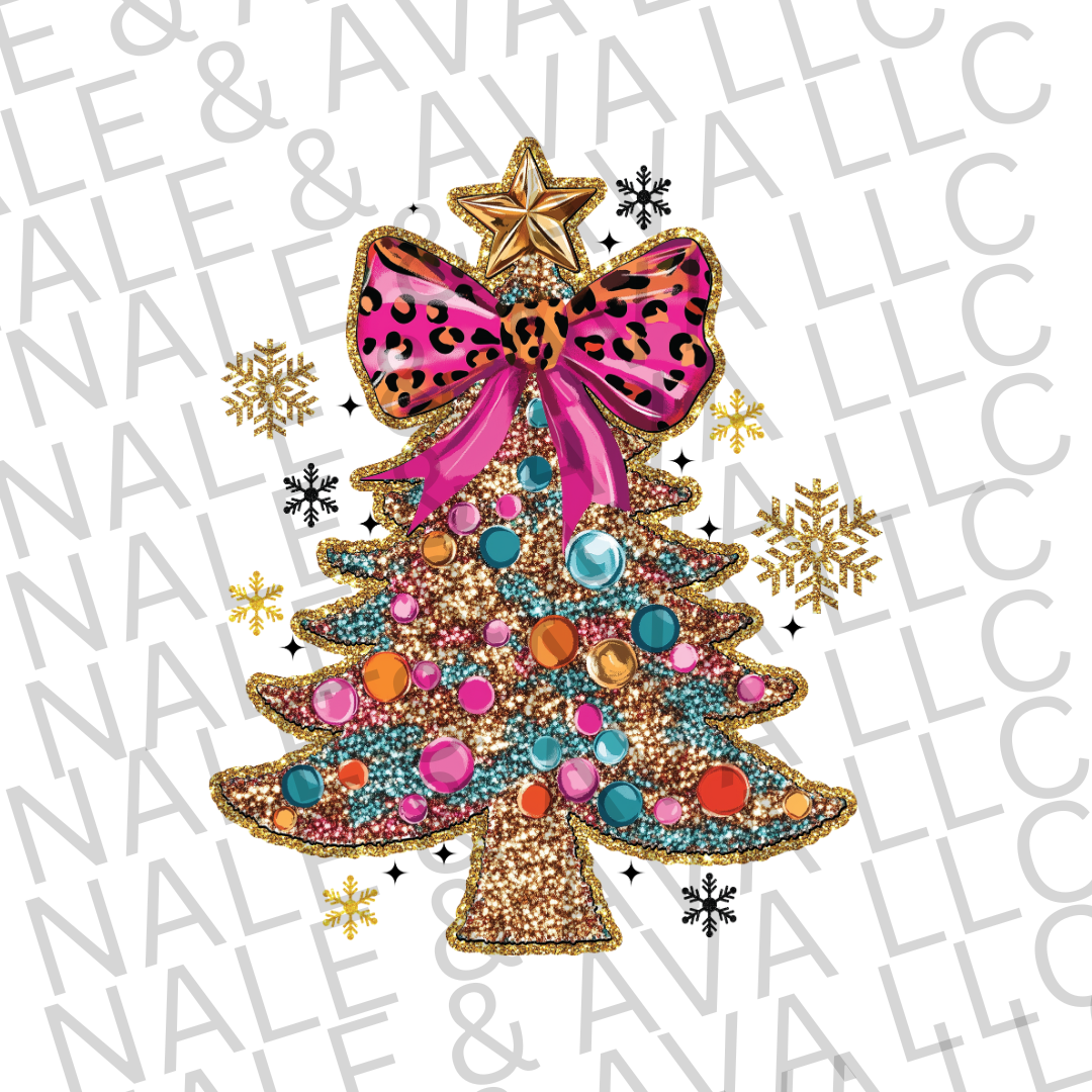 Faux Glitter Pink Christmas Tree DTF Transfer front side