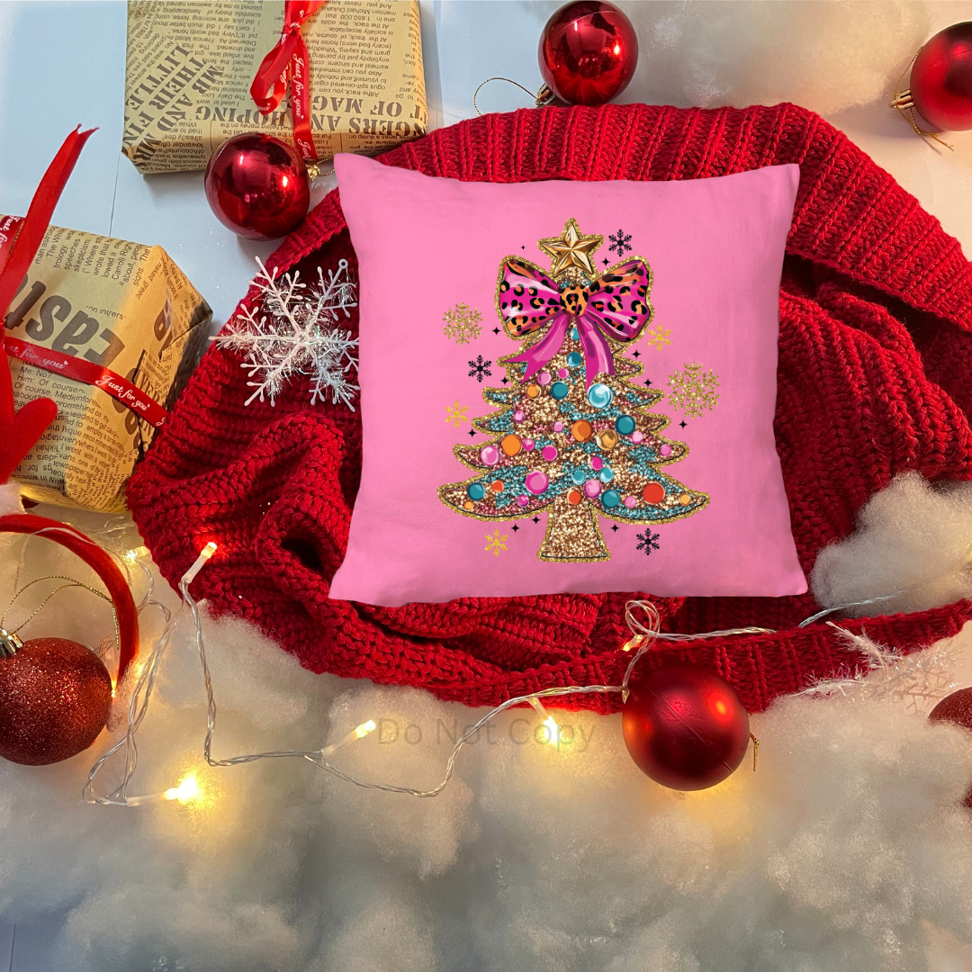 Faux Glitter Pink Christmas Tree DTF Transfer on a tshirt
