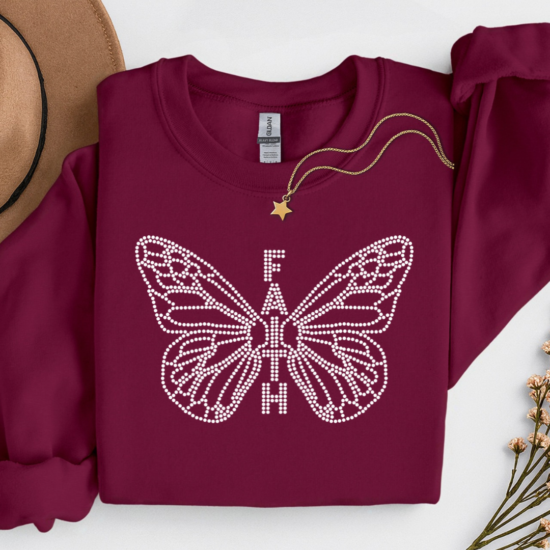 Faith Butterfly Spangle Design on a burgundy tshirt