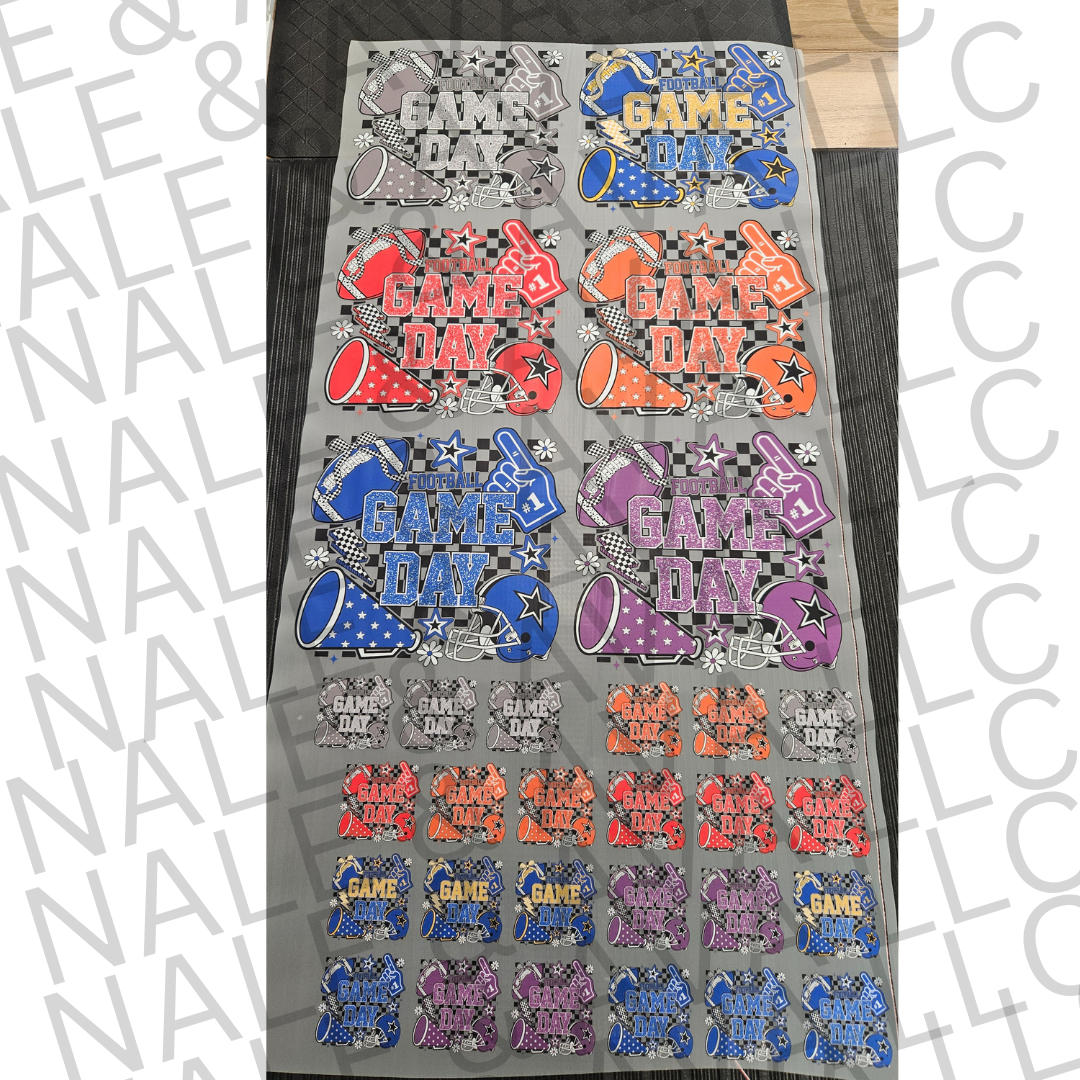 Sheet of 'Game Day' themed stickers with various designs on a clear background.