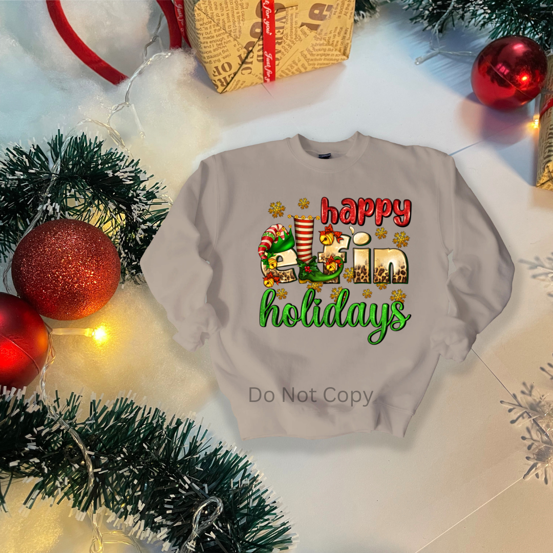 Happy Elfin Holidays DTF Transfer on a tshirt