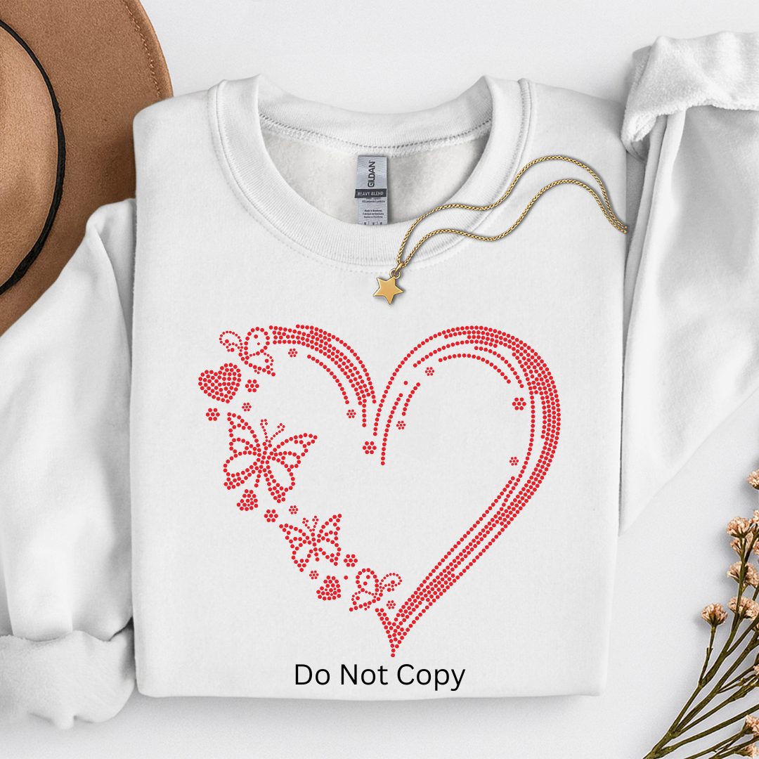 Heart Butterfly Rhinestone Transfer on a white tshirt front side