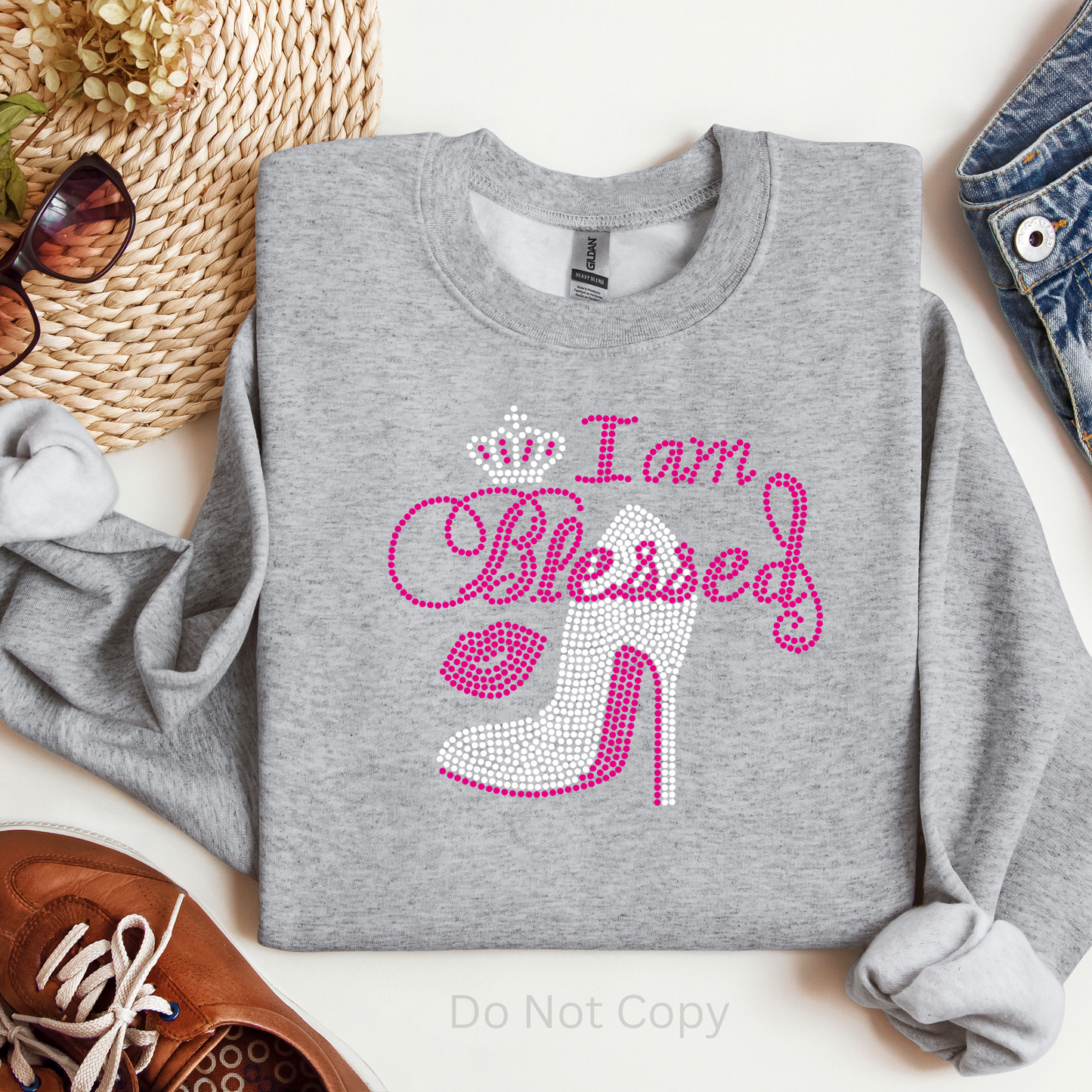 I Am Blessed Rhinestone Transfer on a grey sweatshirt