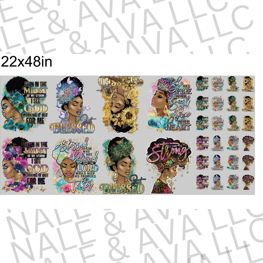 Sheet of decorative stickers with images of a woman with styled hair and motivational text, branded 'Nale & Ava LLC'.