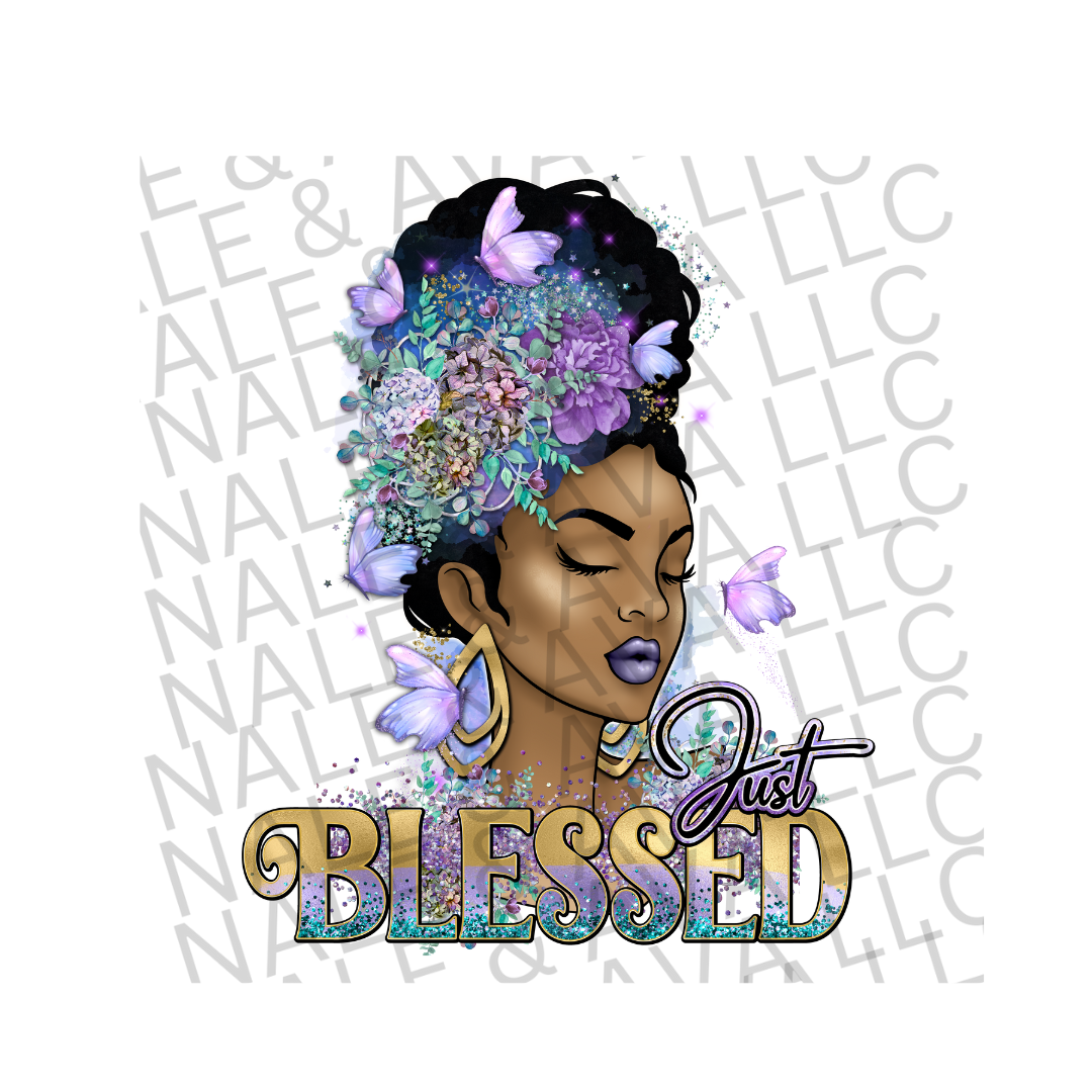 Just Blessed Purple DTF (direct to film) print front side