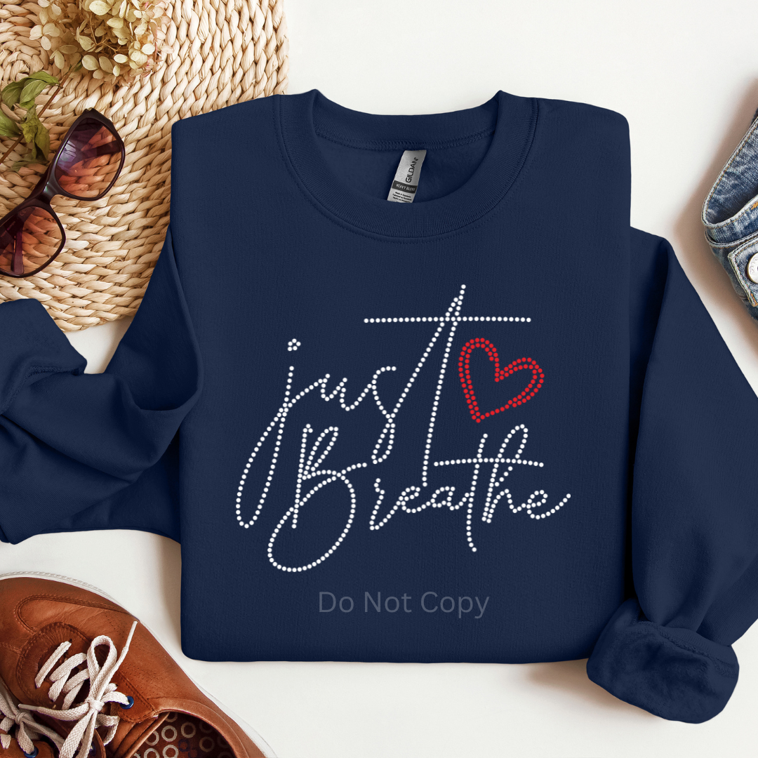 Just Breathe Rhinestone Transfer on a tshirt front side