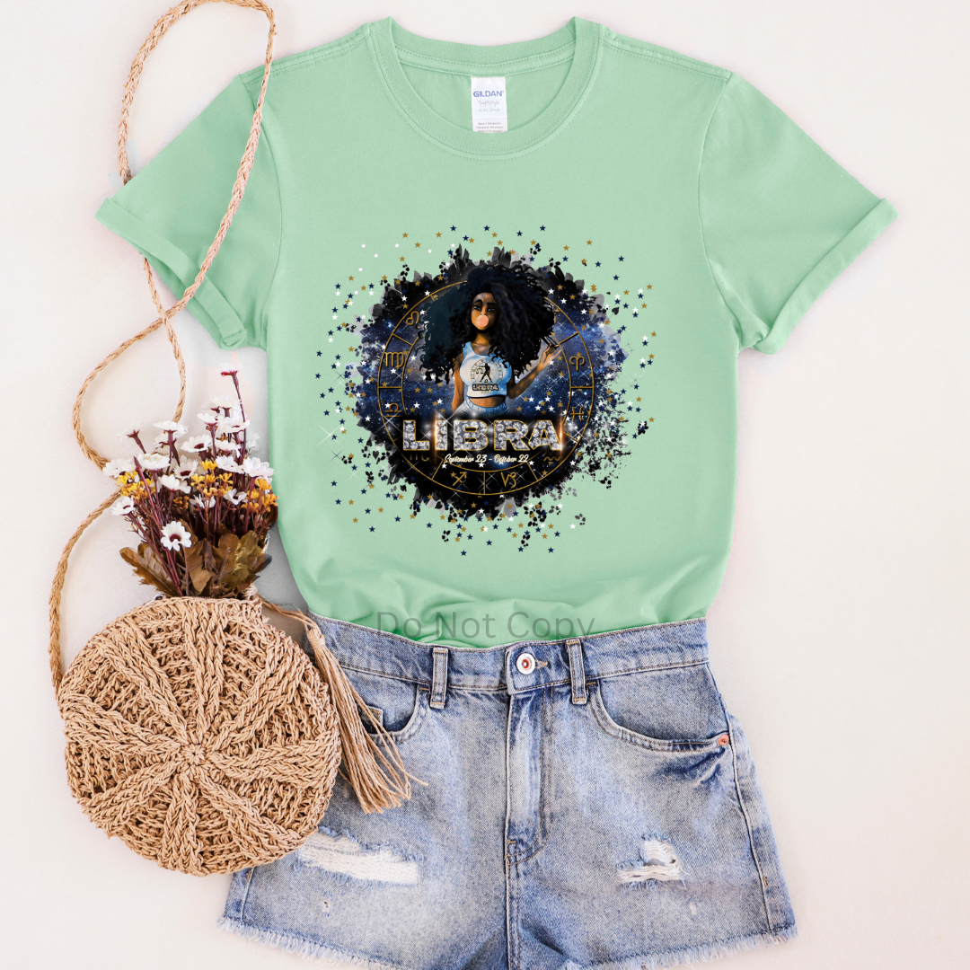 Libra Girl DTF Transfer on a tshirt