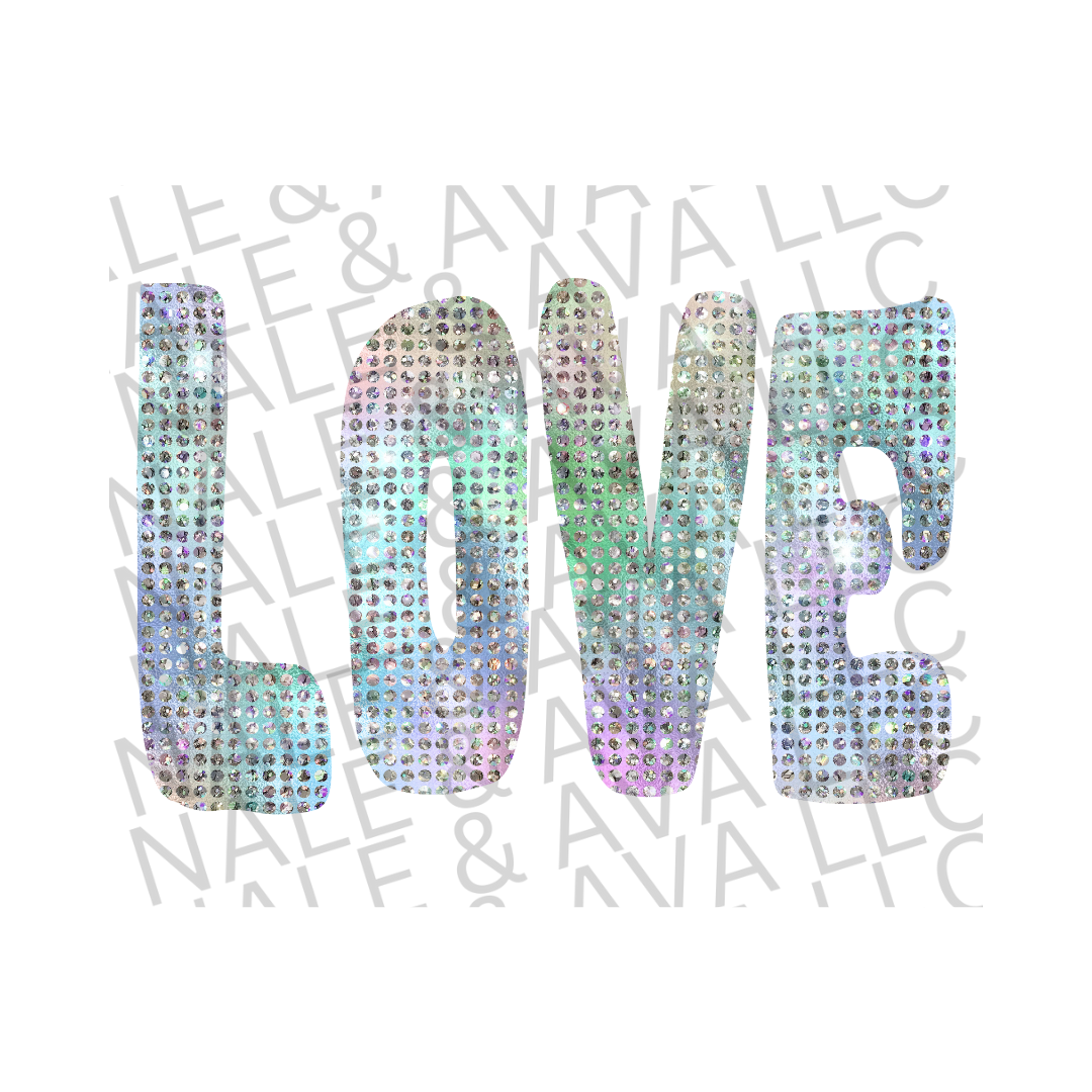 Love Faux Sequin DTF (direct to film) print front side