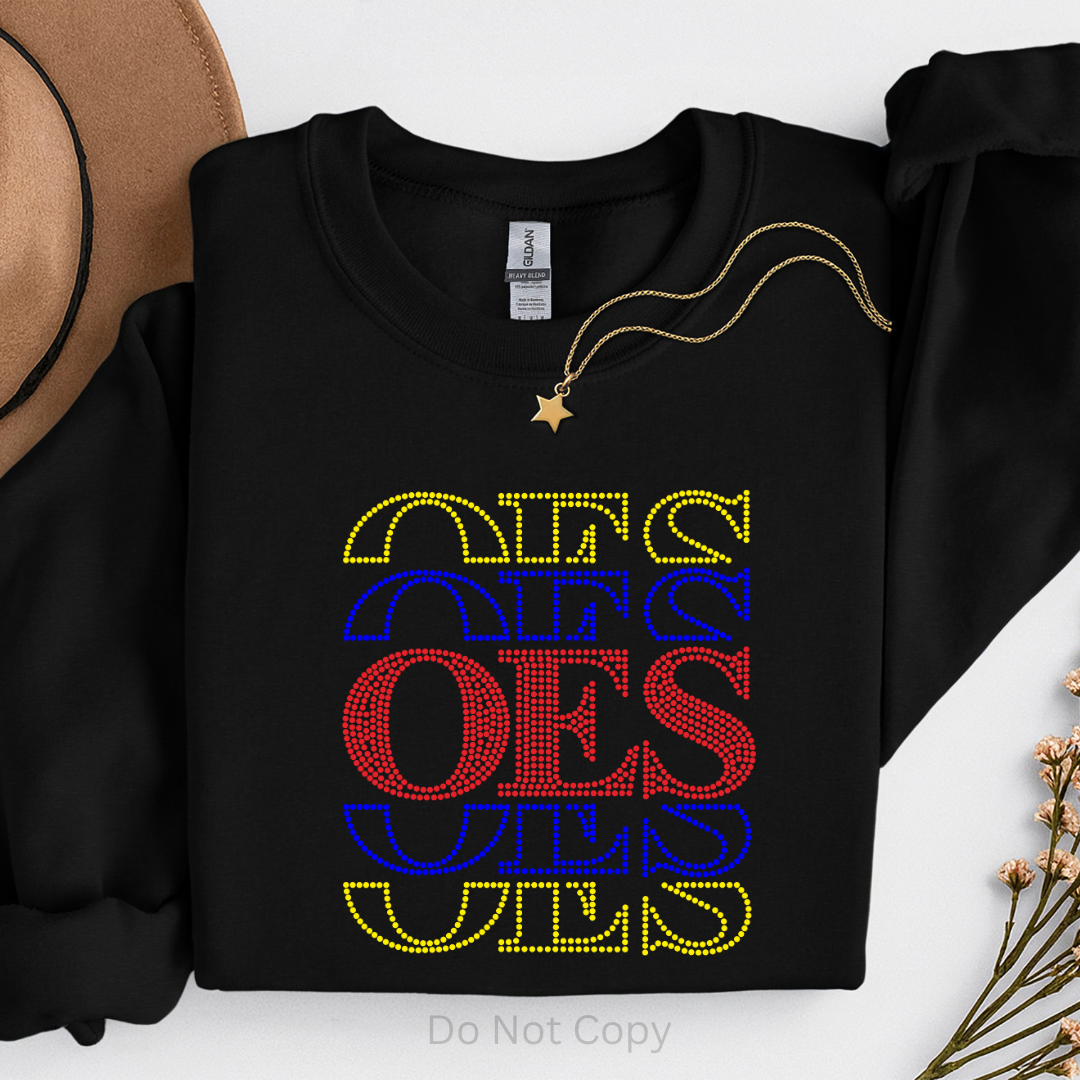 OES Stacked Rhinestone Transfer on a tshirt front side