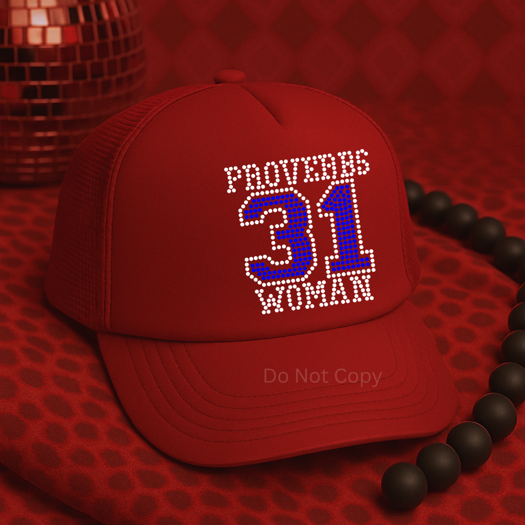 Red cap with 'Proverbs 31 Woman' text on a red background