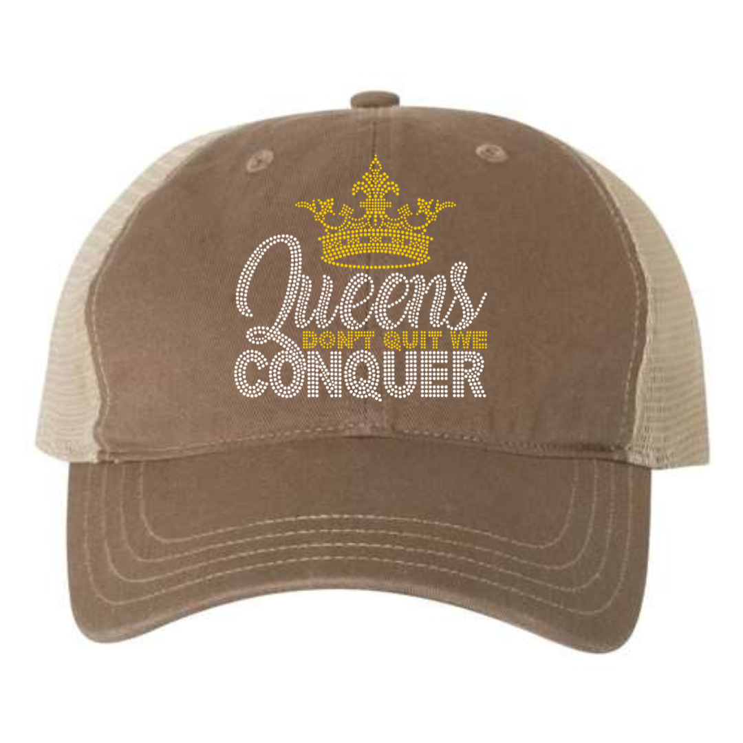 Queens Don't Quit We Conquer Rhinestone Patch on a hat