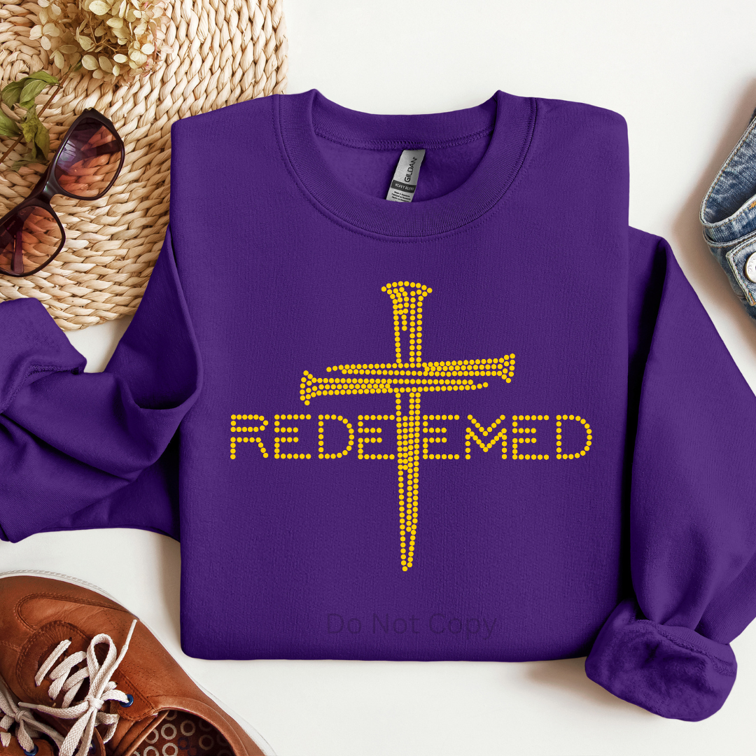 Redeemed Rhinestone Transfer on a purple tshirt front side