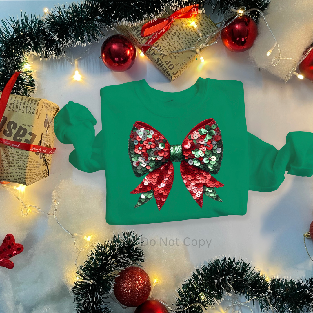 Santa Sequin Bow DTF Transfer on a tshirt