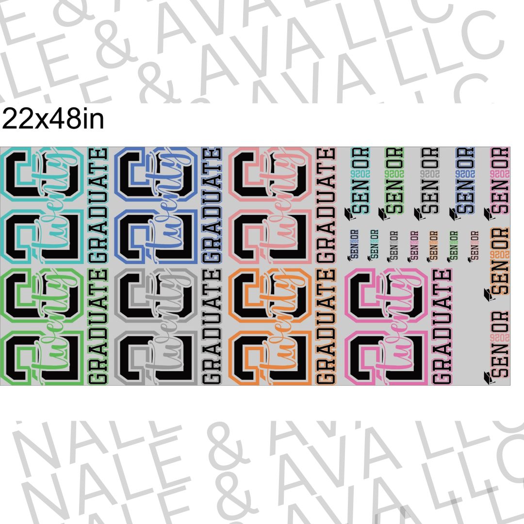 Graduation-themed decorative paper with 'GRADUATE' and 'SENIOR' text in various colors on a white background.
