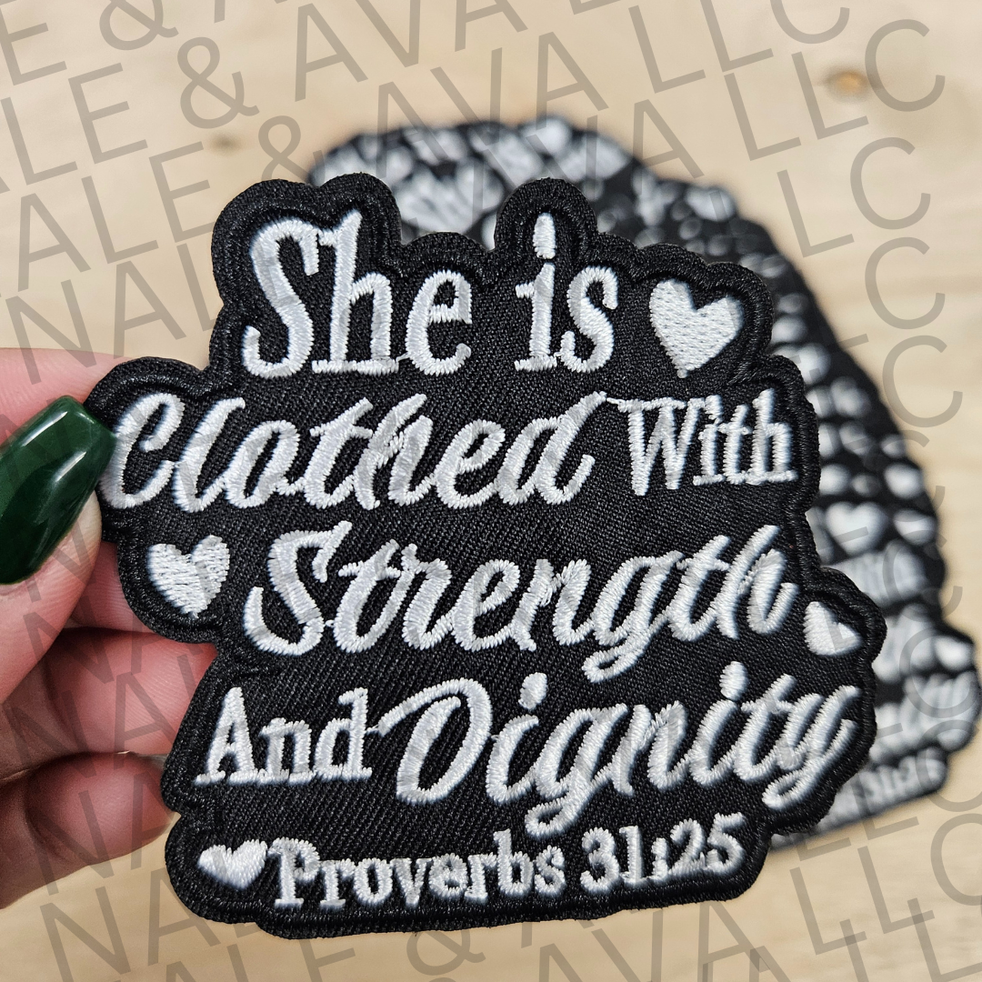 She Is Clothed With Strength Hat Patch front side
