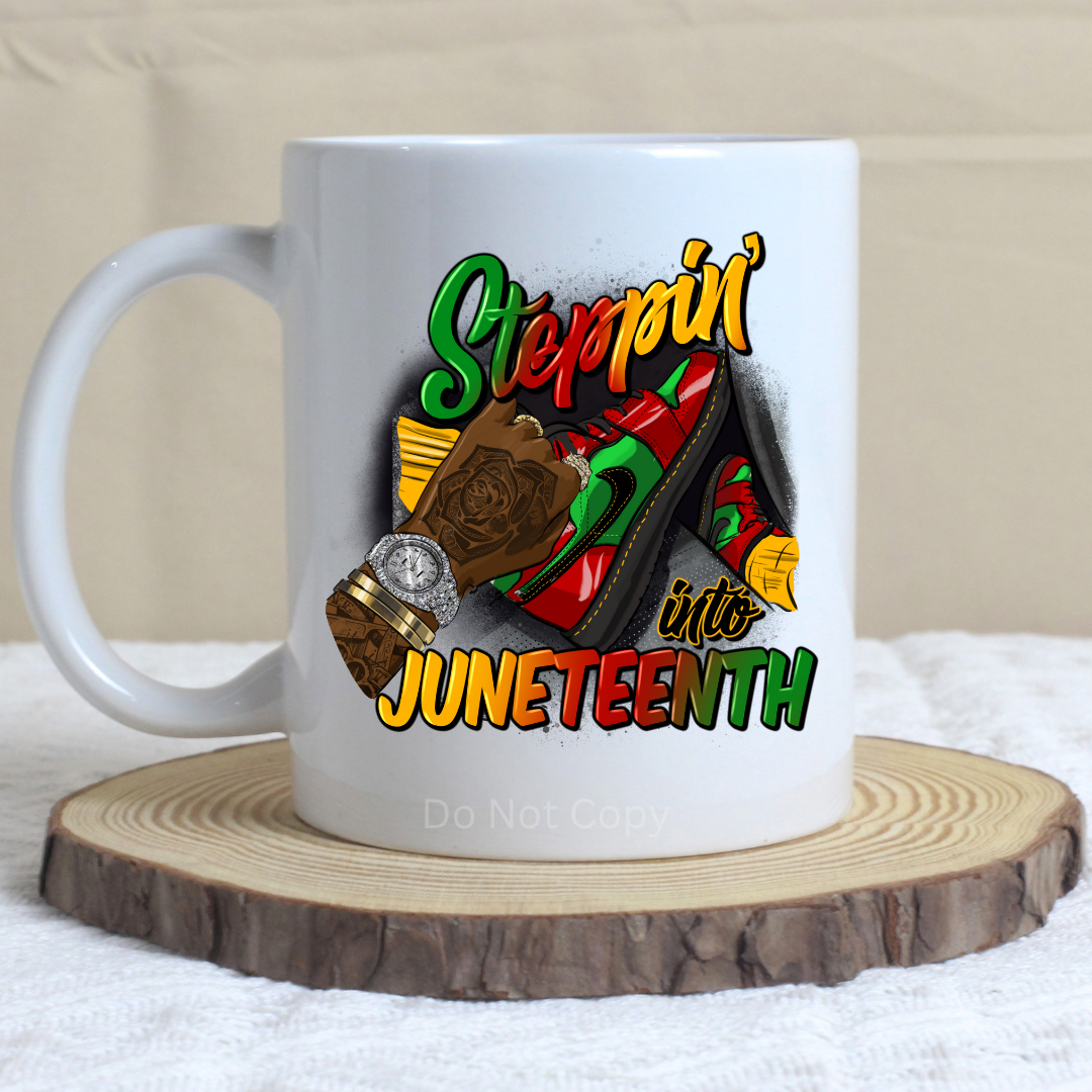 Steppin Into Juneteenth Man UVDTF Decal on a mug