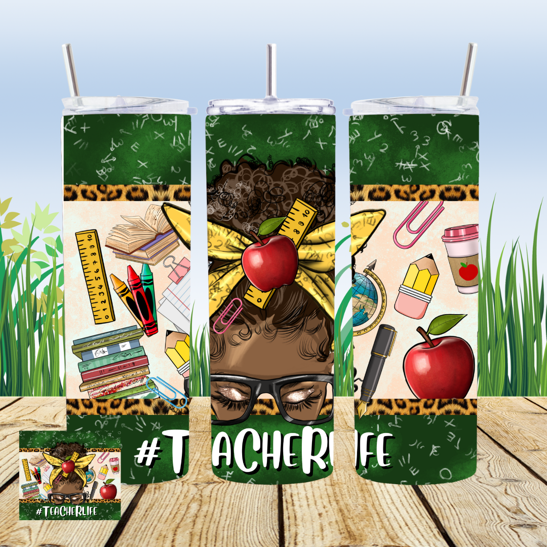 A sublimation transfer for a 20oz tumbler with school-themed graphics and the text '#TeacherLife'. The design features elements like apples, books, and pencils against a green background.
