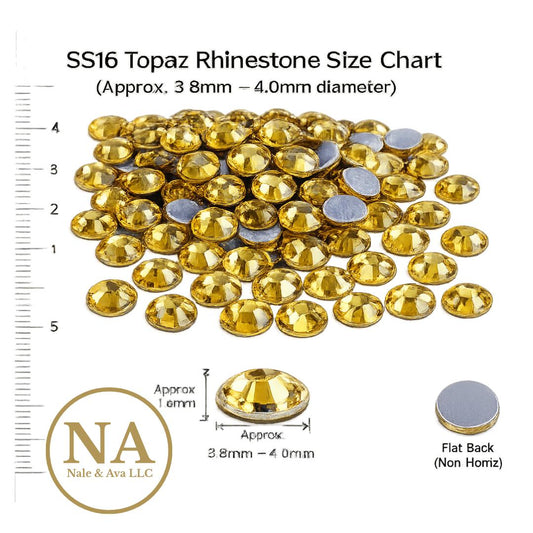 SS16 Topaz rhinestone size chart with gold rhinestones and measurement scale on a white background.