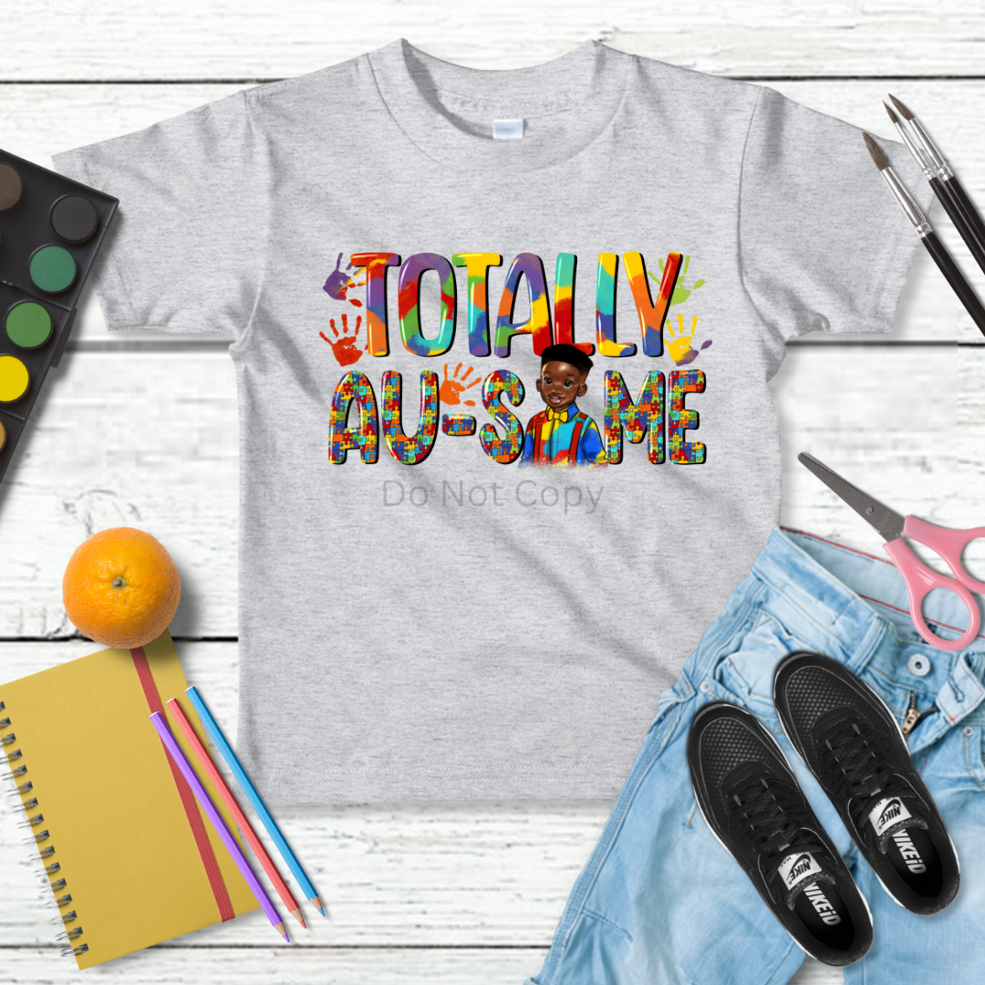 Totally Ausome Boy DTF (direct to film) Transfer on a Tshirt