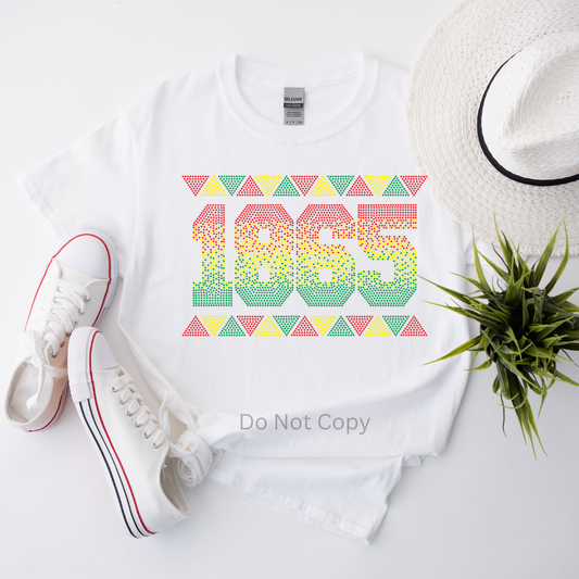 1865 Rhinestone Transfer on a tshirt front side