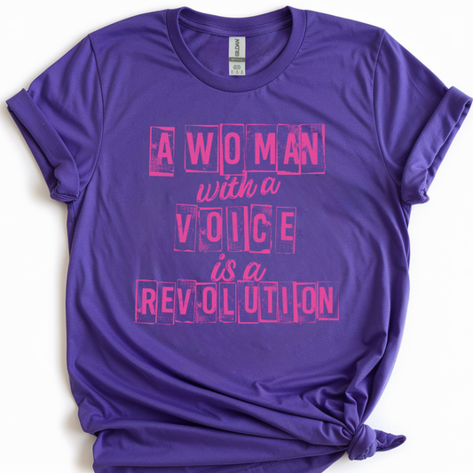 Purple t-shirt with pink text on a white background