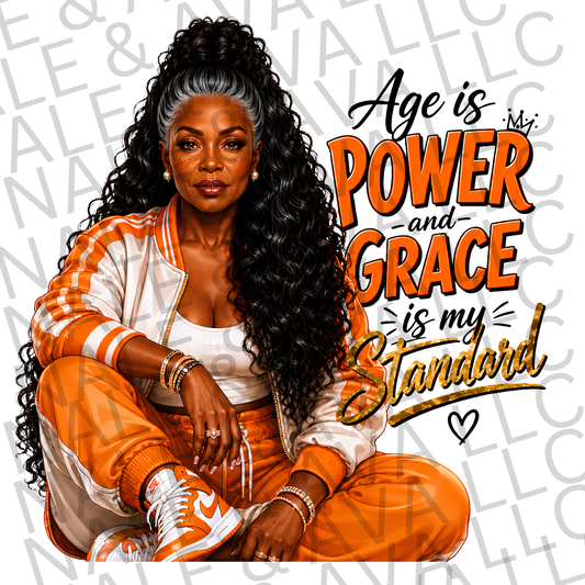Woman in orange and white outfit with text 'Age is power and grace is my standard' on a patterned background