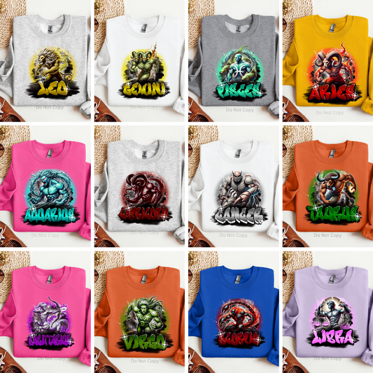 Airbrush Zodiac DTF Transfer Set on a tshirt front side