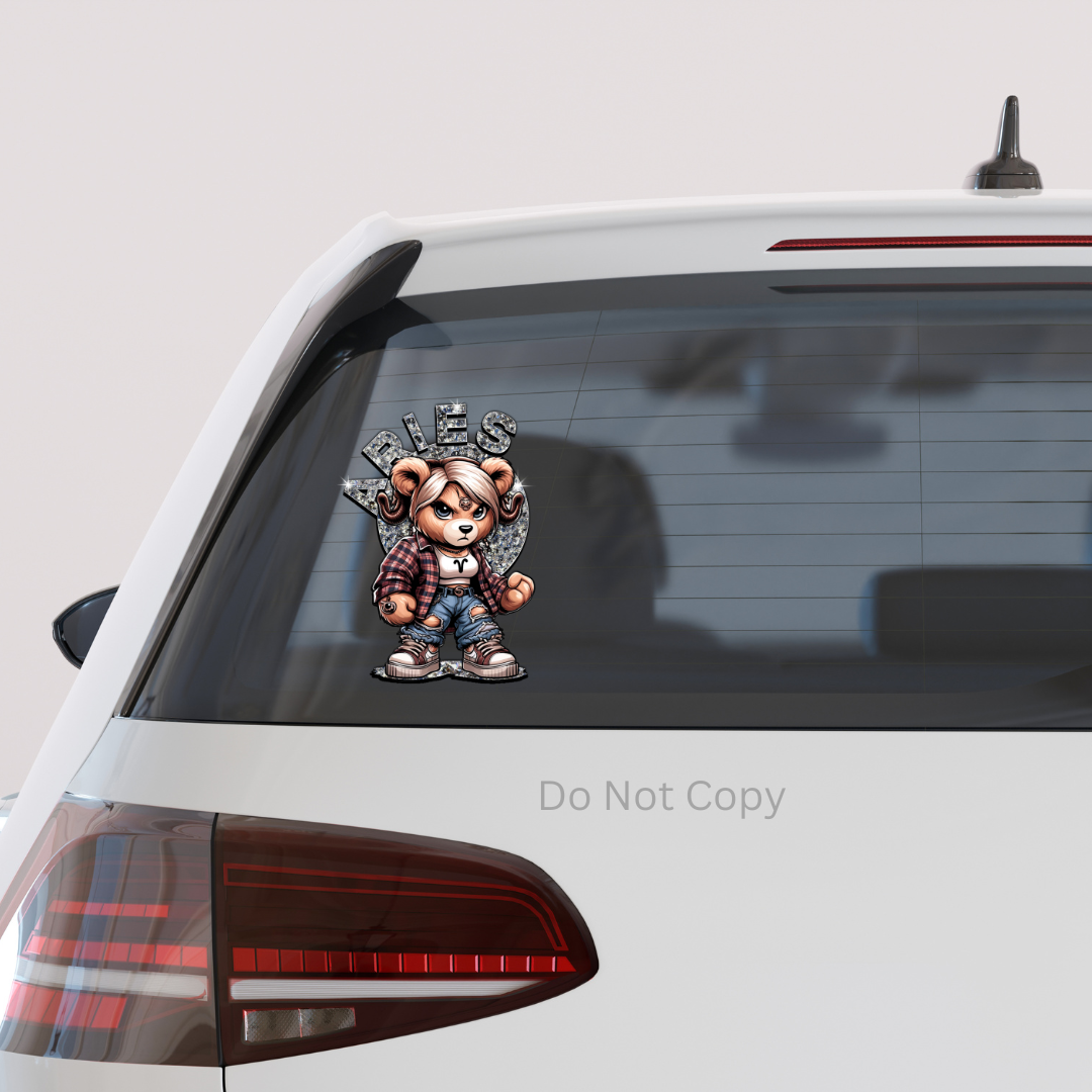 Aries Girl Bear UVDTF Decal on a car window