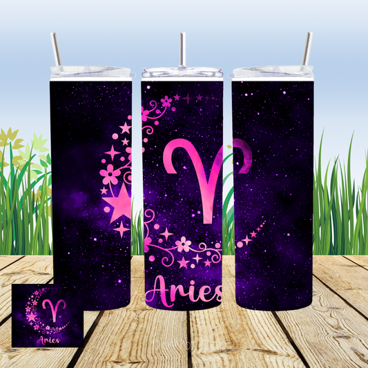 A sublimation transfer for a 20oz straight tumbler featuring pink and purple colors with star and flower designs, and the word 'Aries'.