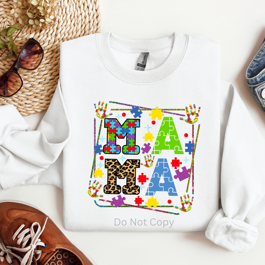 Mama Autism DTF (direct to film) Transfer on a Tshirt front side