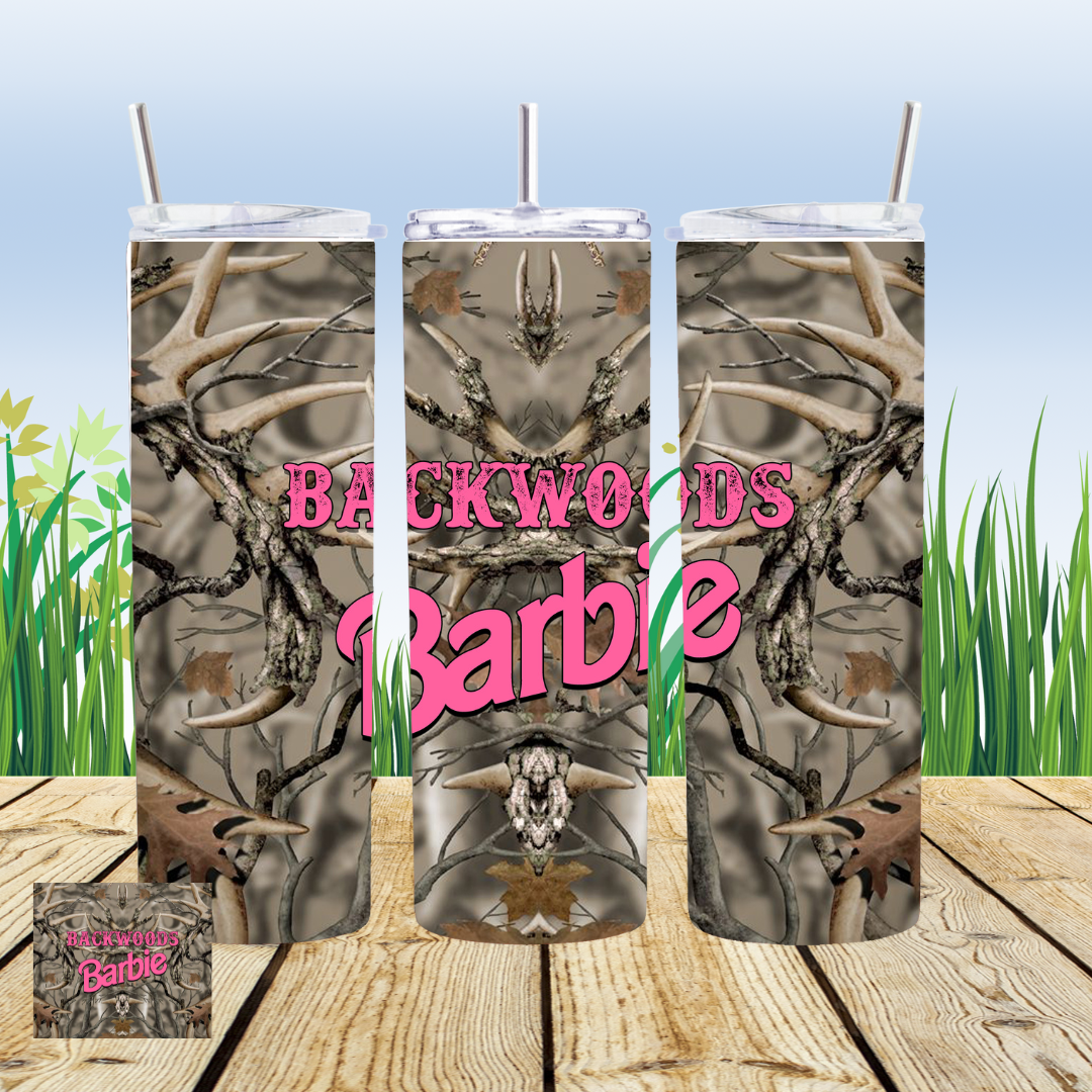 Backwoods Barbie Sublimation Transfer on a tumbler front side