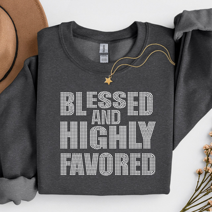 Blessed & Highly Favored Spangle Design on a gray tshirt