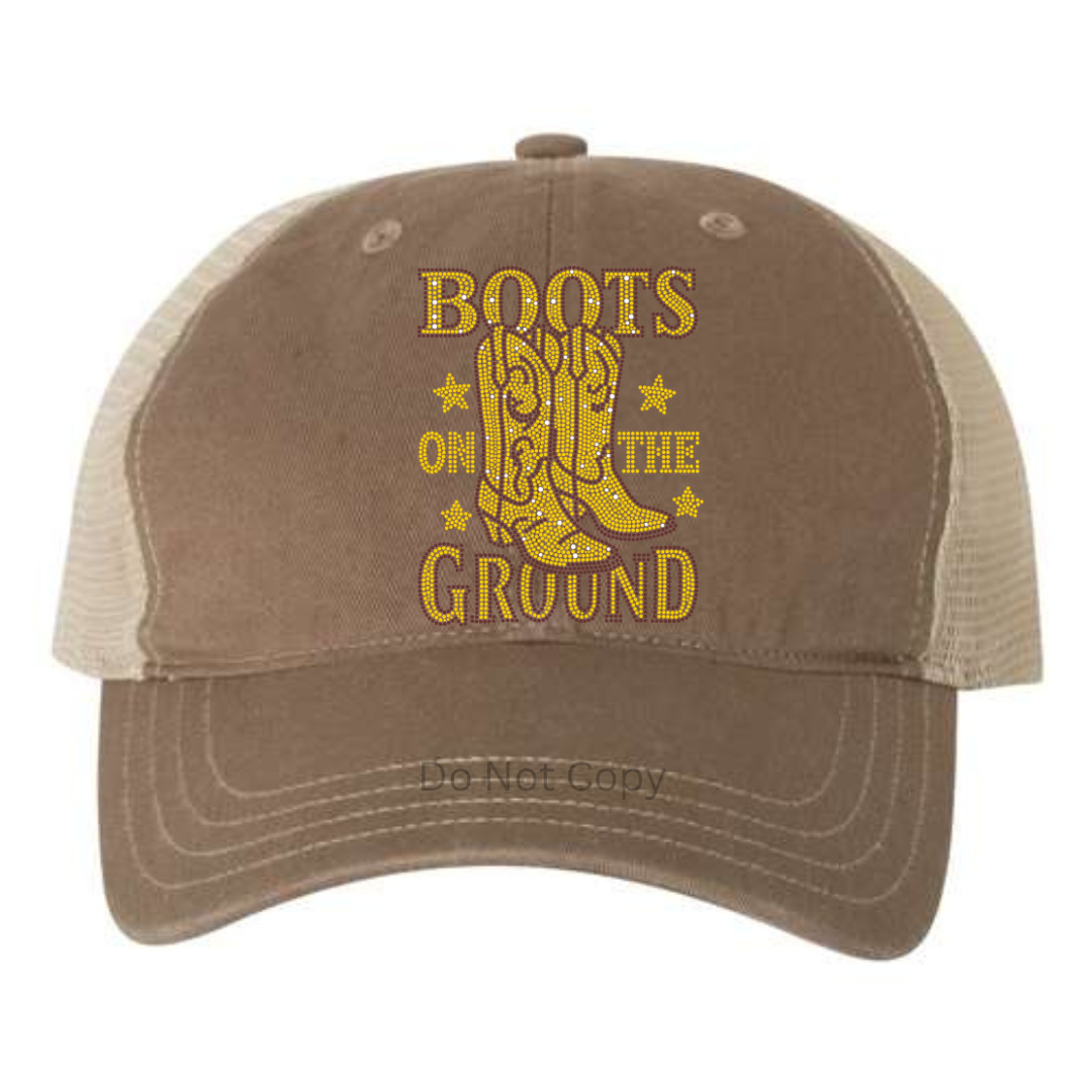 Boots On The Ground Rhinestone Hat Patch on a hat front side