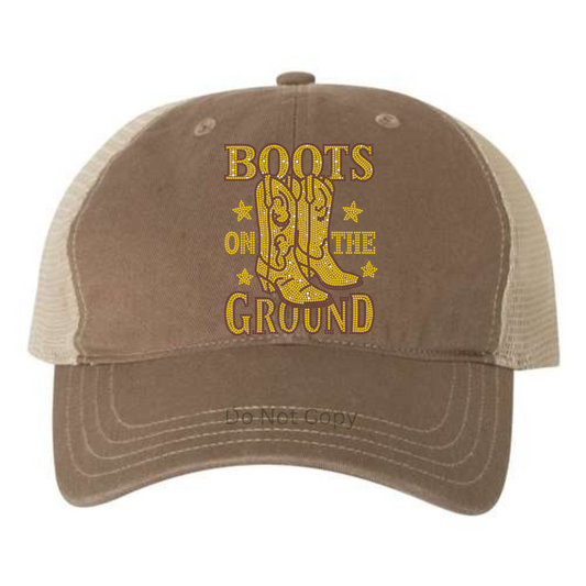 Boots On The Ground Rhinestone Hat Patch on a hat front side