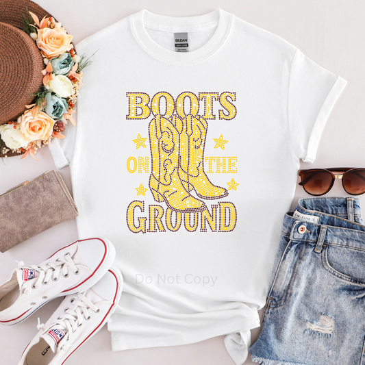 Boots On The Ground Rhinestone Transfer on a tshirt front side