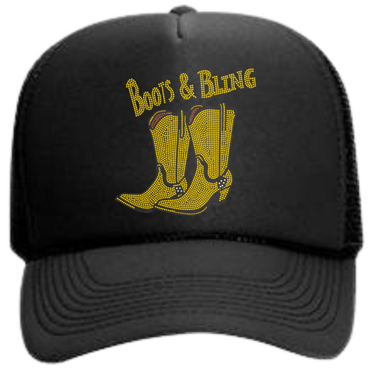 Boots & Bling Rhinestone Gold Hat Patch on a hat front side