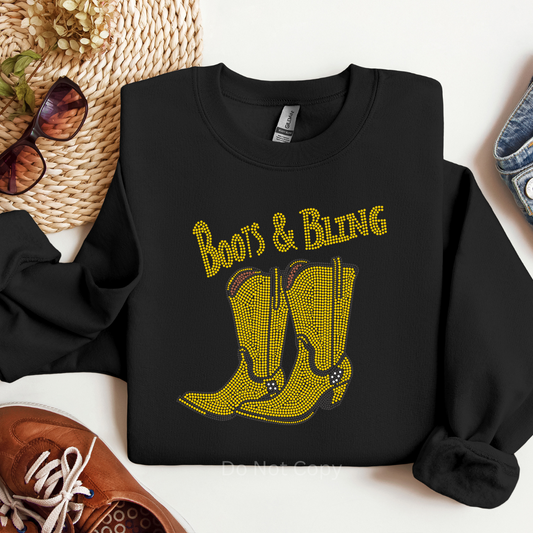Boots & Bling Rhinestone Transfer on a tshirt front side