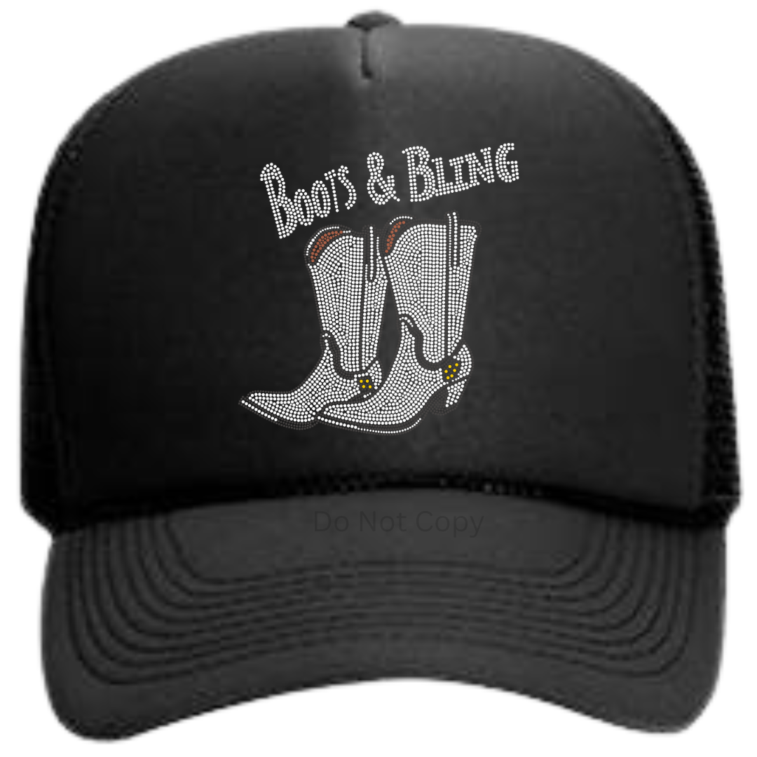 Boots & Bling Silver Rhinestone Hat Patch on a hat front side