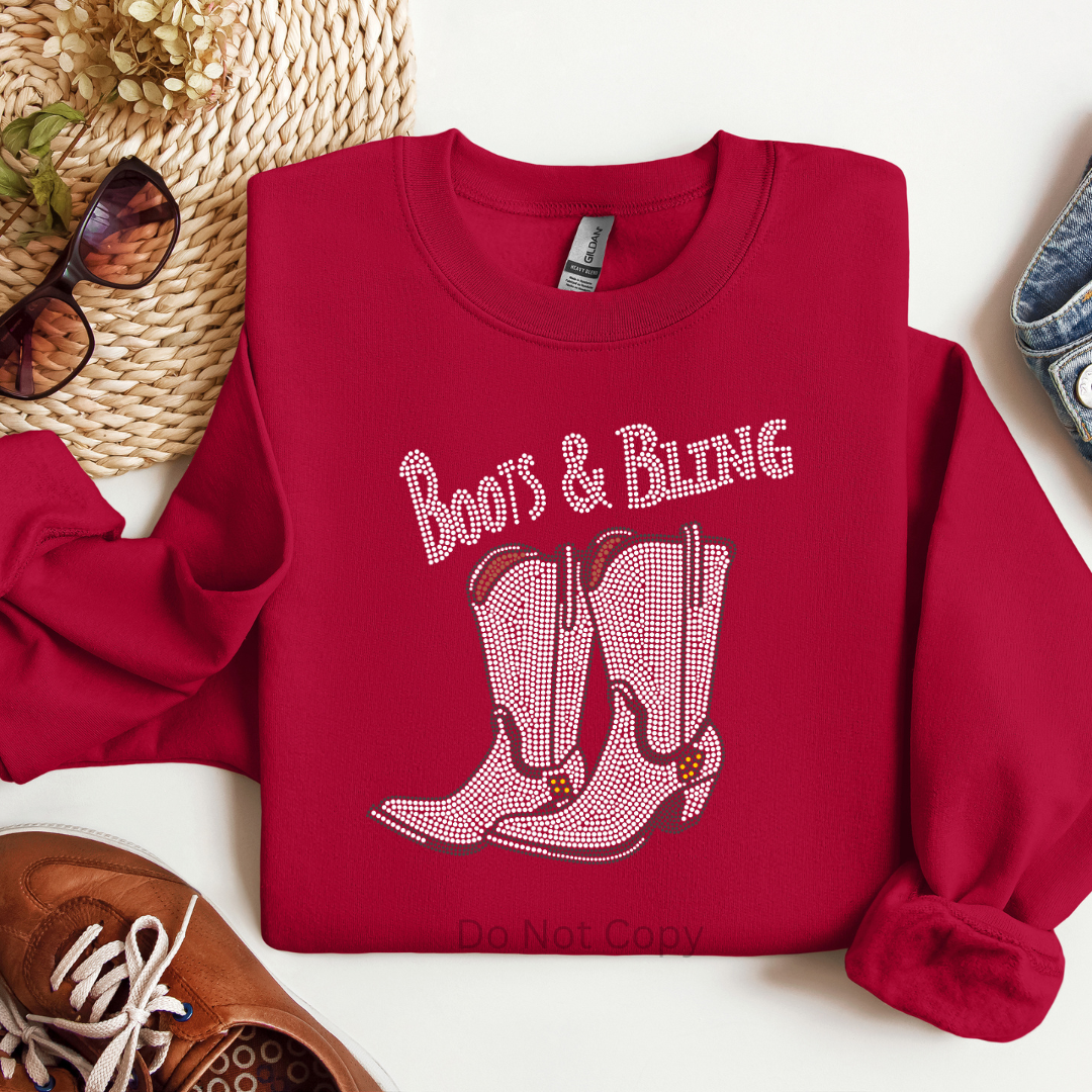 Boots & Bling Silver Rhinestone Transfer on a tshirt front side
