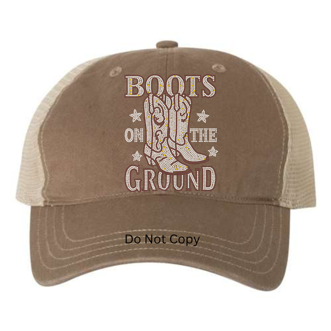 Boots On The Ground Rhinestone Hat Patch on a hat front side